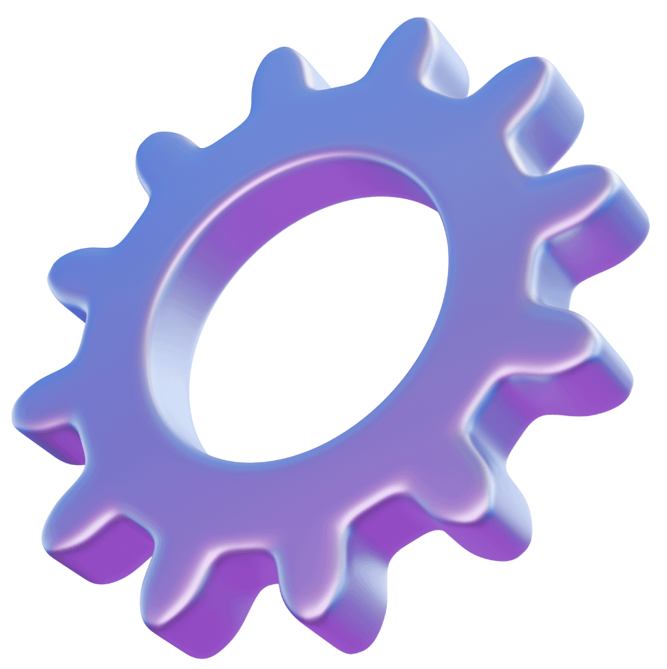 Concept art technical and style integration featuring a settings gear in shades of blue and purple