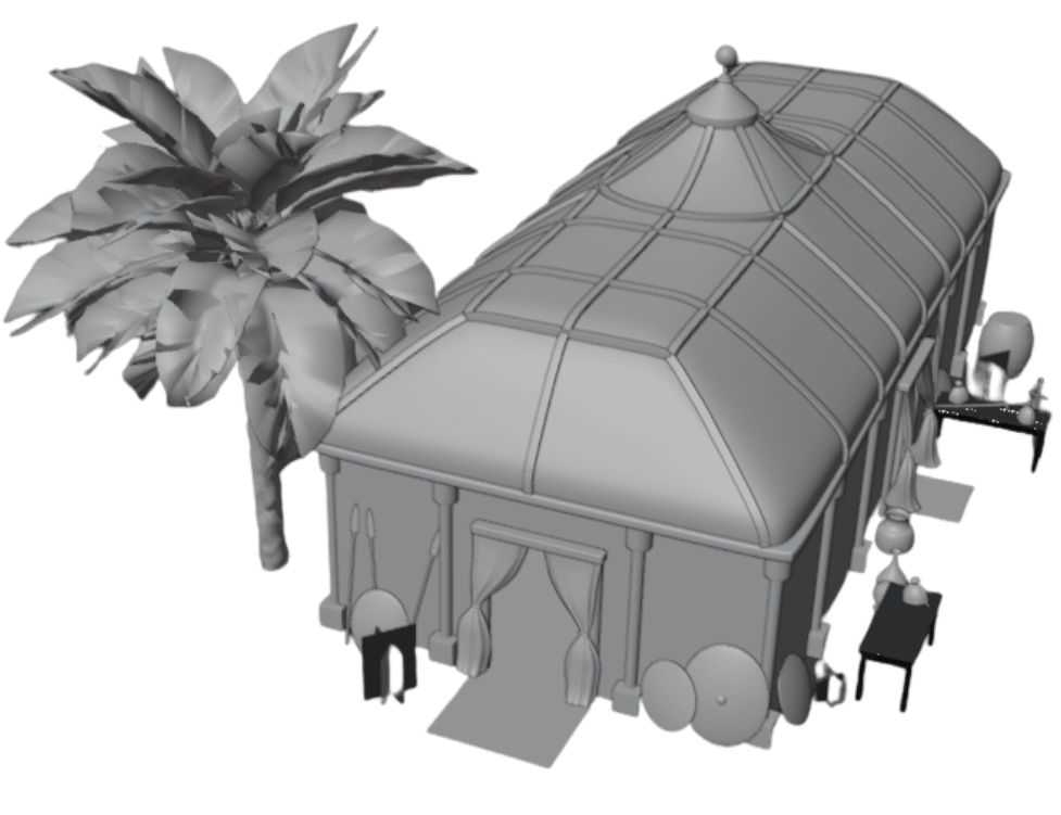 3D game art concept development with grayscale building model, palm tree, and architectural wireframe for environment design planning