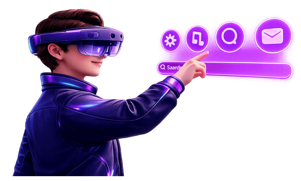 Mixed reality user wearing headset interacting with digital interface overlay showing settings, messaging, and communication tools through gesture-based controls in augmented environment