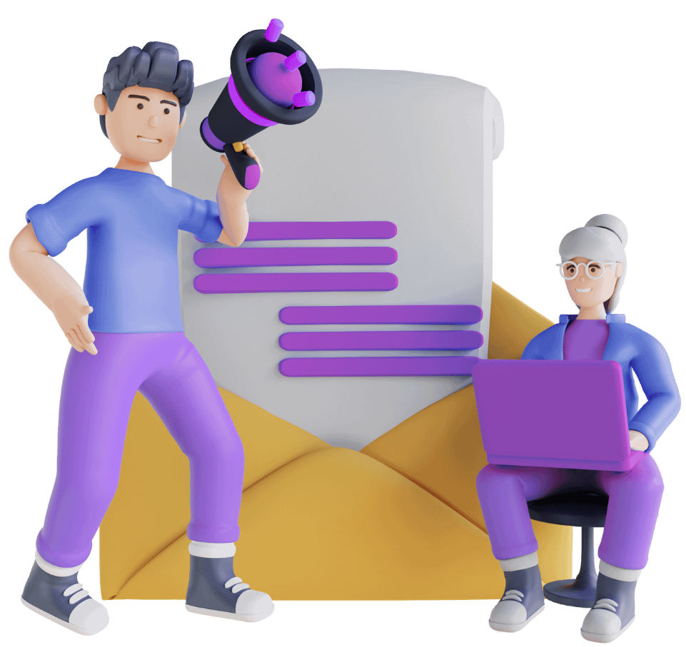 3D animated content marketing and promotion scene with characters and megaphone