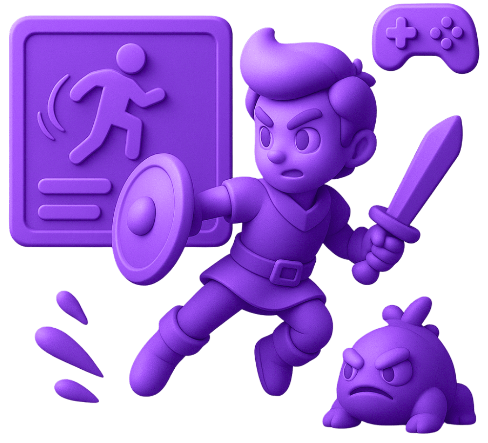 3D games character animation with purple hero holding sword, enemy character, game controller, and UI elements for action game design