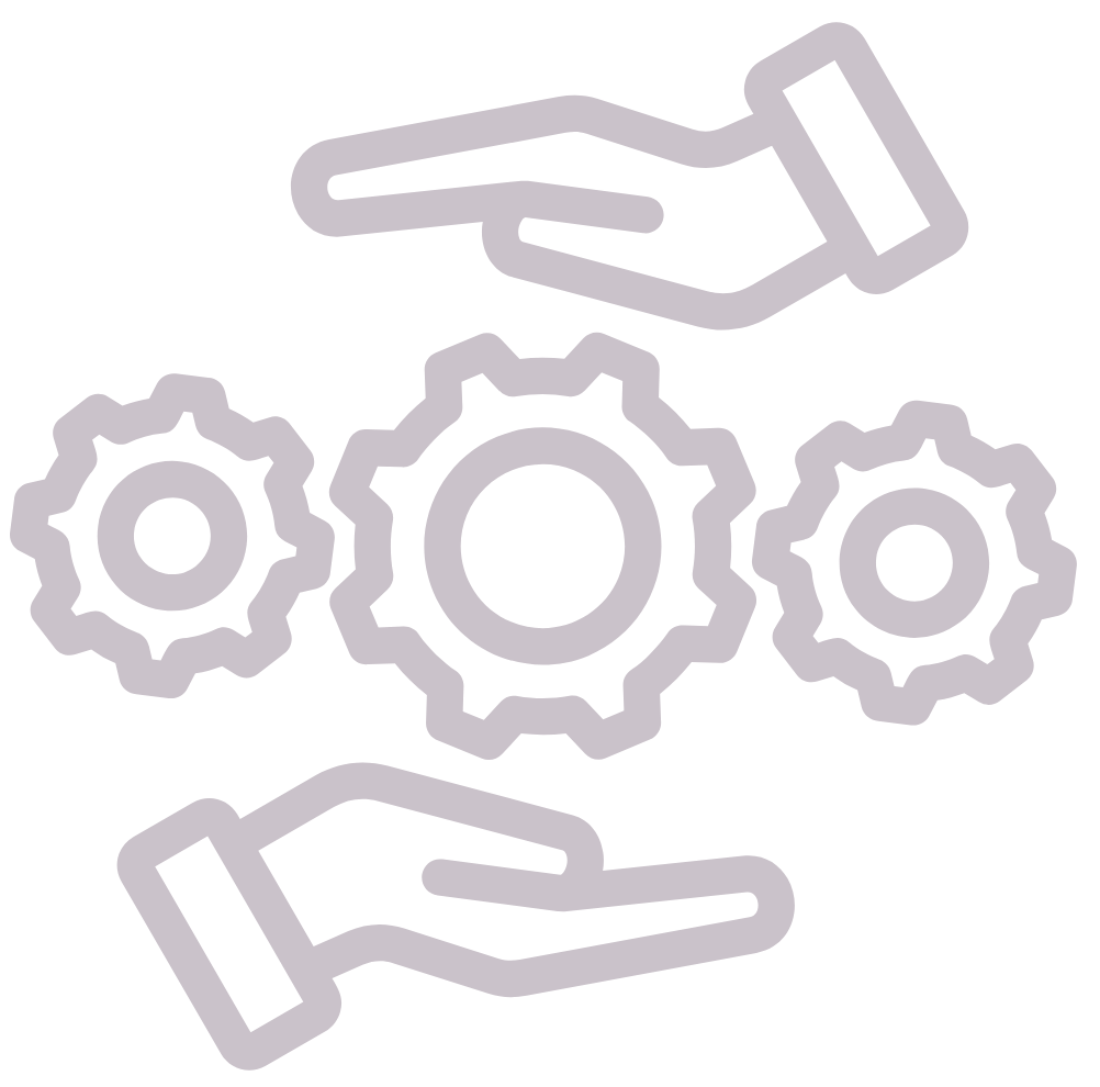 Industrial remote assistance icon with hands supporting mechanical gears representing maintenance and technical support systems