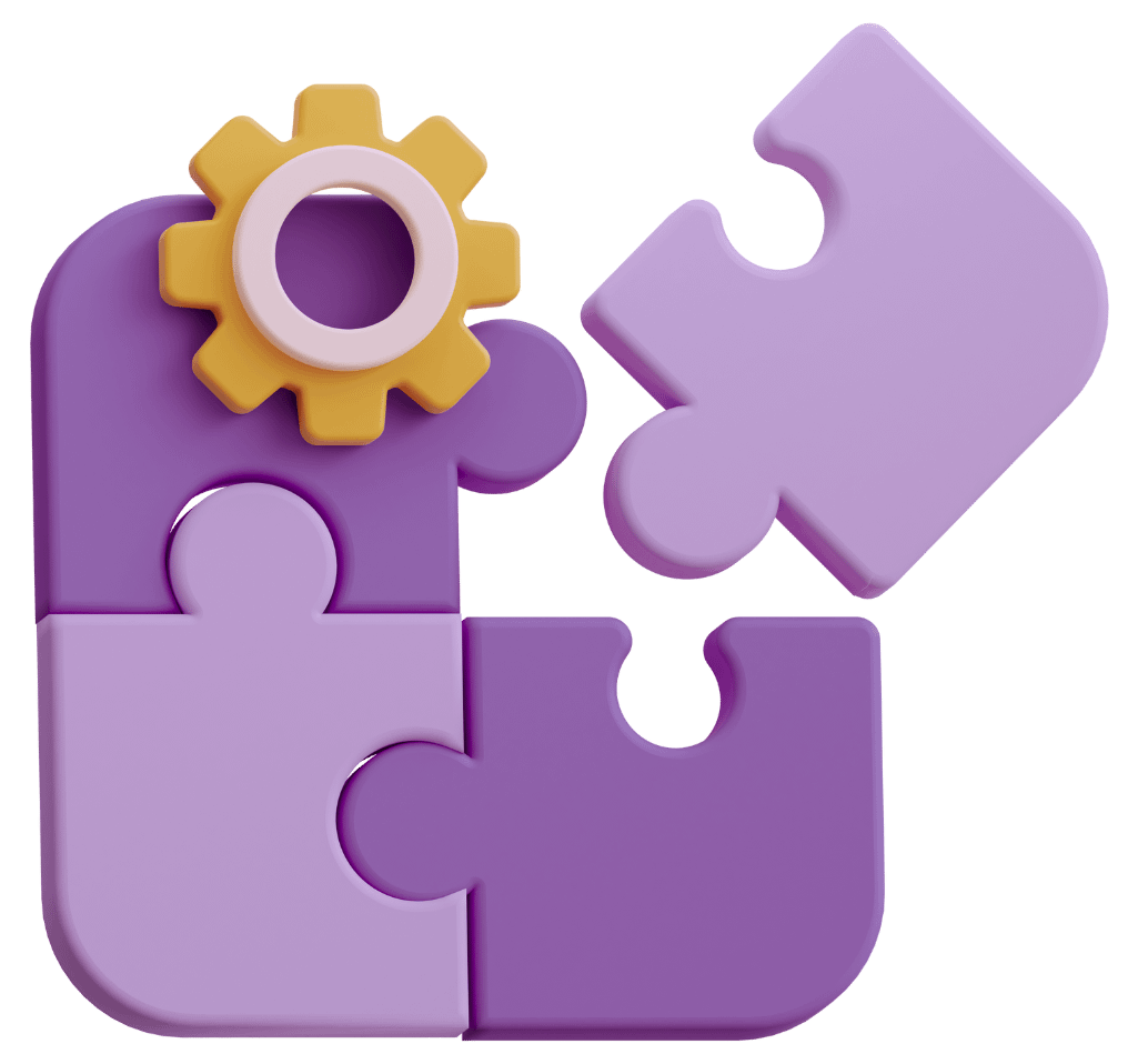 Game world environment assembly and polish concept with interlocking purple puzzle pieces and yellow settings gear