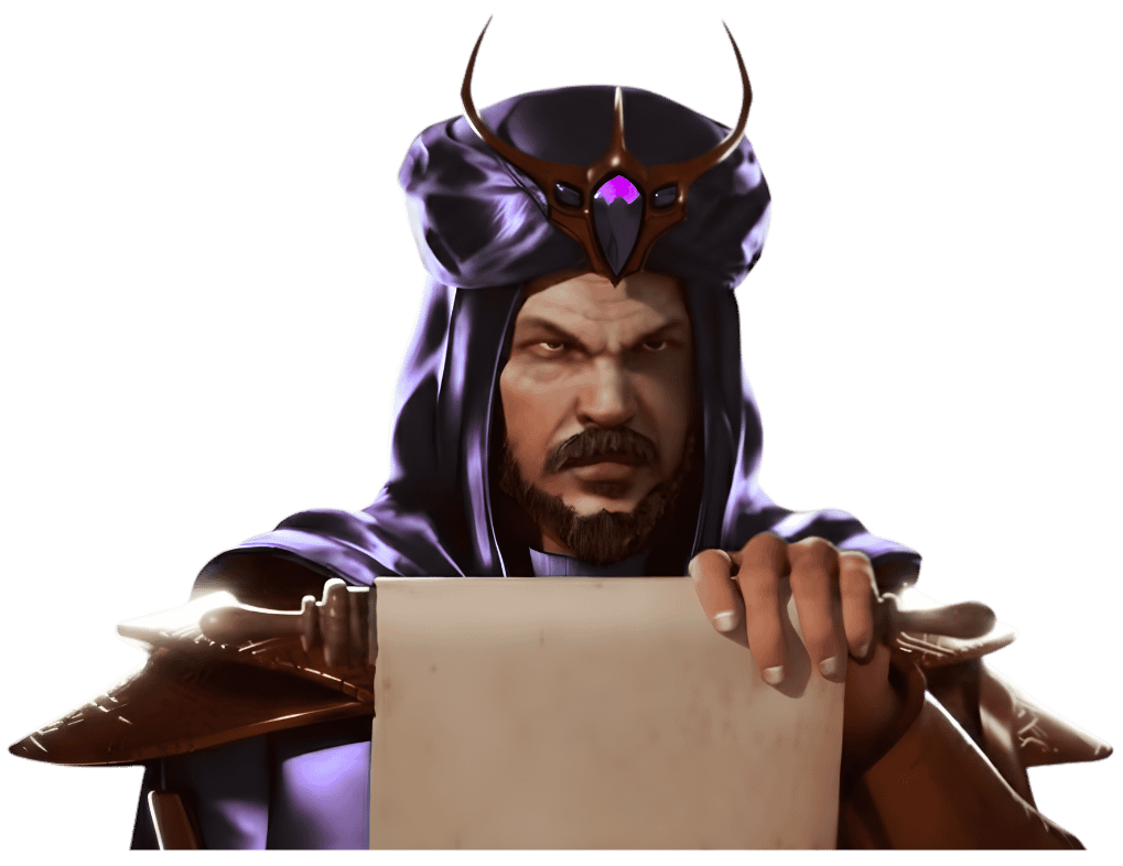 3D game character design example featuring expressive facial animation and narrative gesture pose with scroll prop