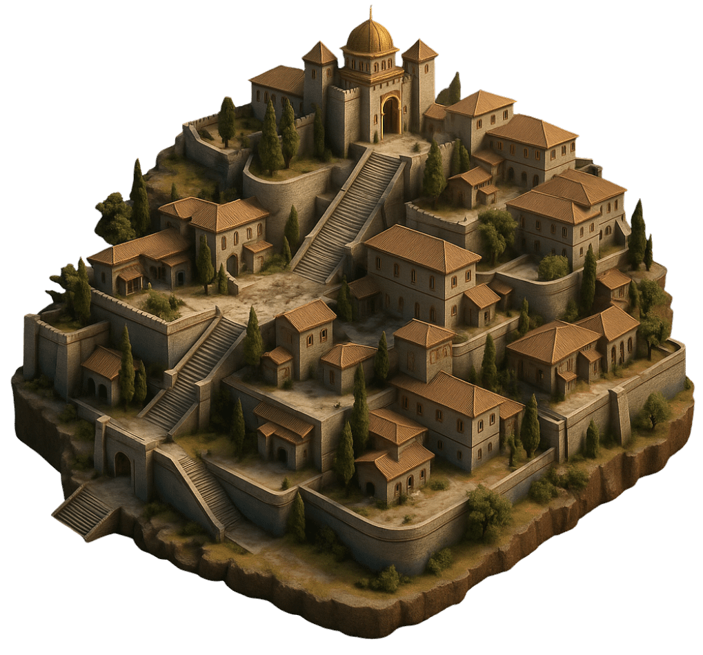 Game world showing a community with houses, trees, and stairs going upwards towards a medieval court