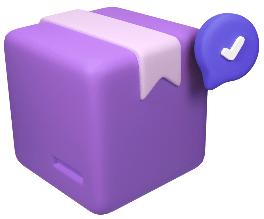 Game world design review and delivery with purple box, speech bubble, and blue checkmark icon