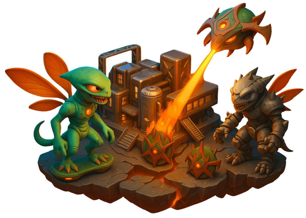 Game world showing three evil aliens destroying a robot civilization