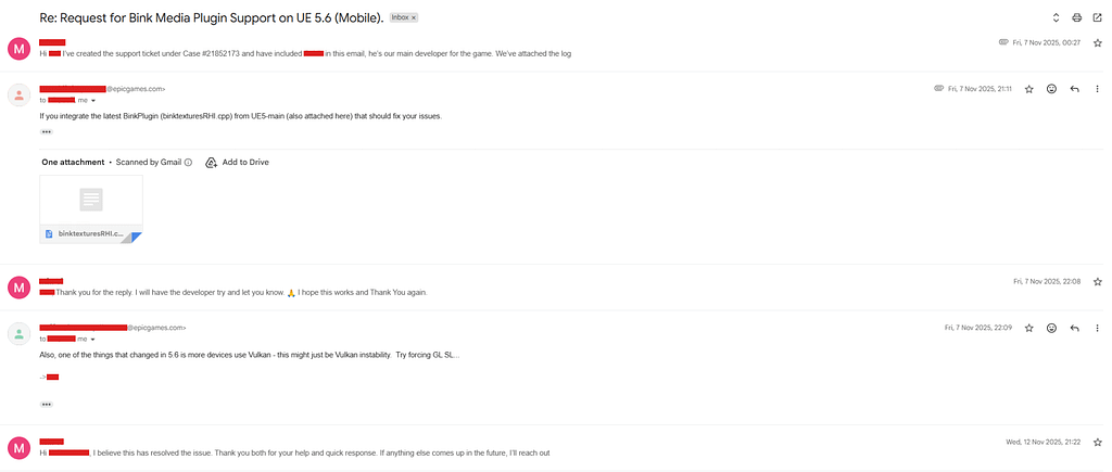 Email thread showing Unreal Engine 5.6 mobile development technical support for Bink Media Plugin compatibility issue