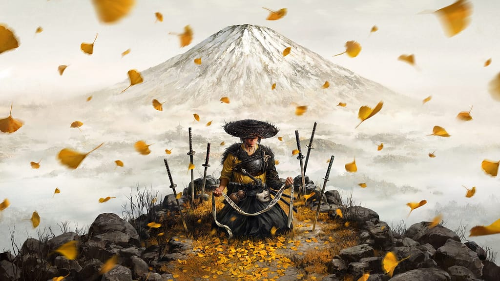 Ghost of Yōtei official key art featuring female samurai protagonist with katanas in 1800s Hokkaido Japan, Mount Yōtei volcano backdrop with autumn ginkgo leaves