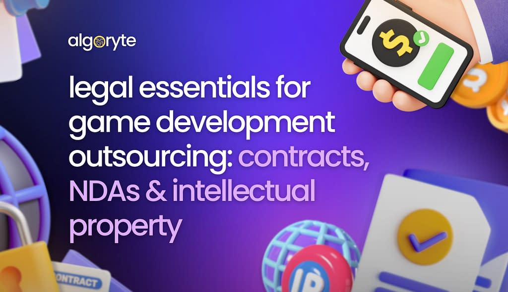 Legal documents and IP protection icons for game development outsourcing contracts and NDAs explained