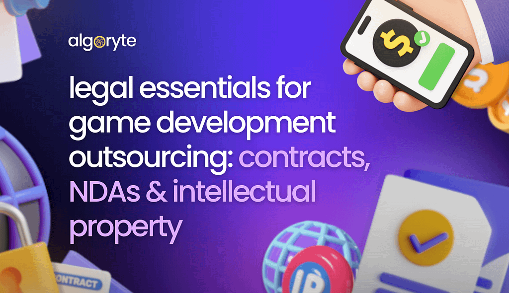 Legal documents and IP protection icons for game development outsourcing contracts and NDAs explained