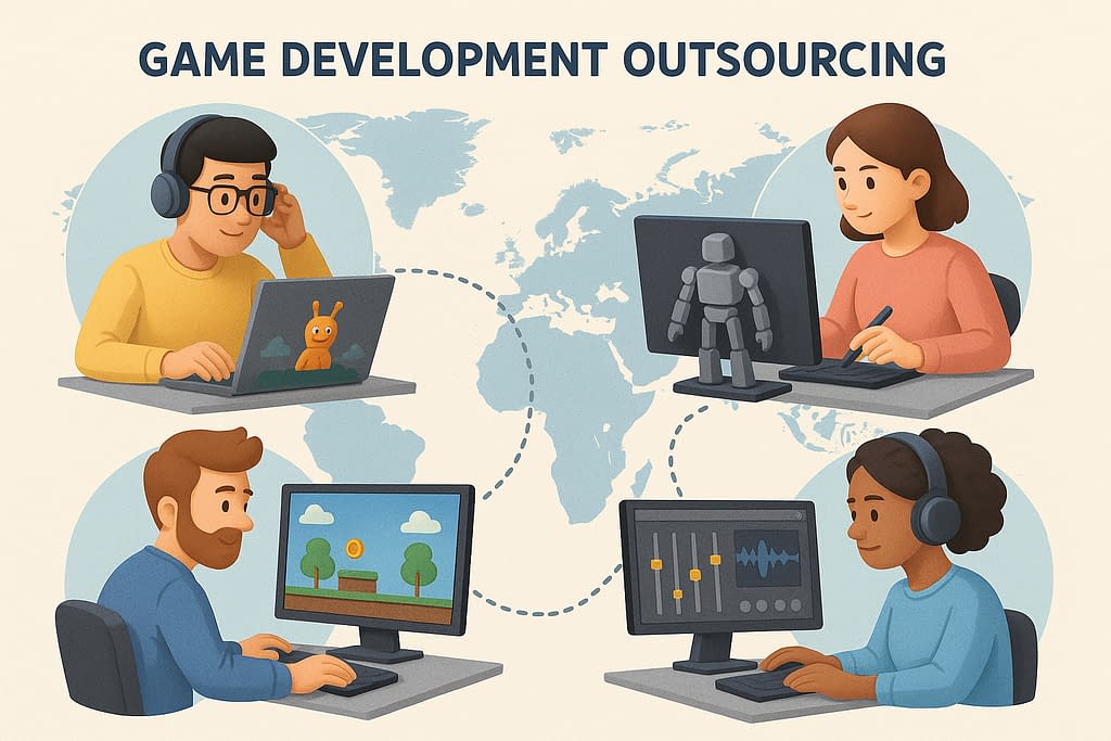 Four game developers working remotely across world map showing global game development outsourcing collaboration