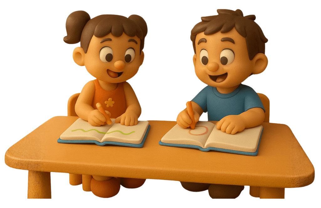 Game world depicting two children sitting at a school chair and table while doing their classwork