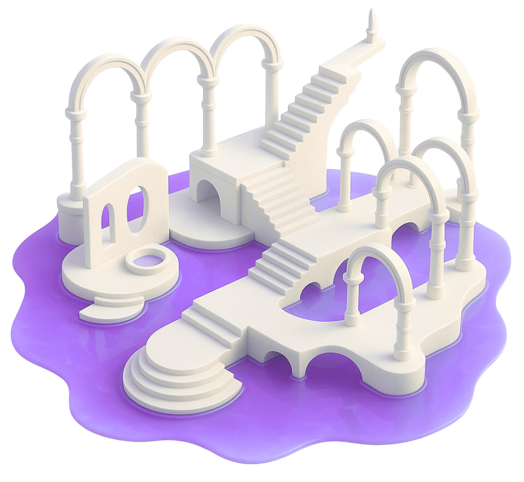 Game world showcasing an aesthetic white architectural design with a purple base