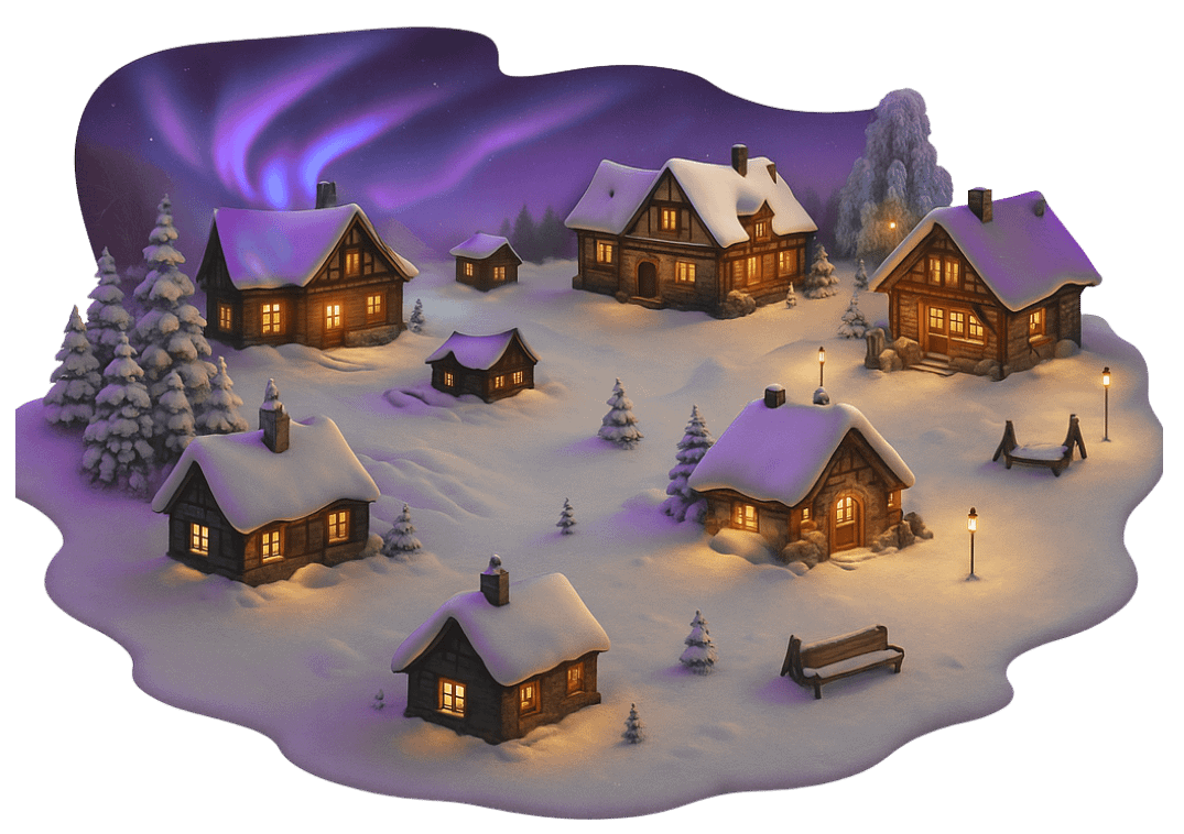 Game art services for 3D environment and level design with winter village scene, snow-covered houses, aurora sky, trees, and atmospheric lighting