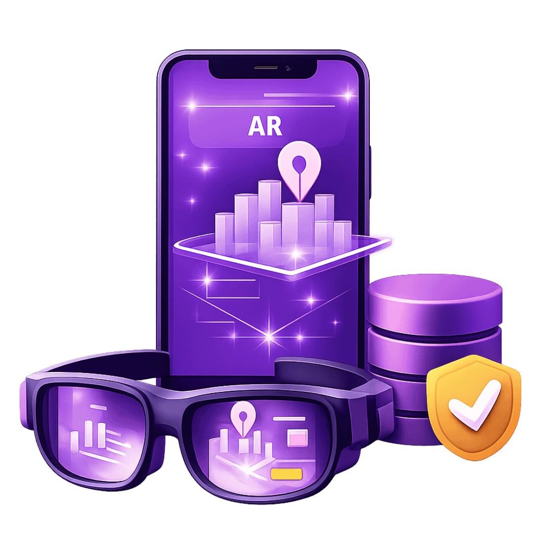Smartphone displaying augmented reality interface with AR glasses and floating 3D elements showing application development