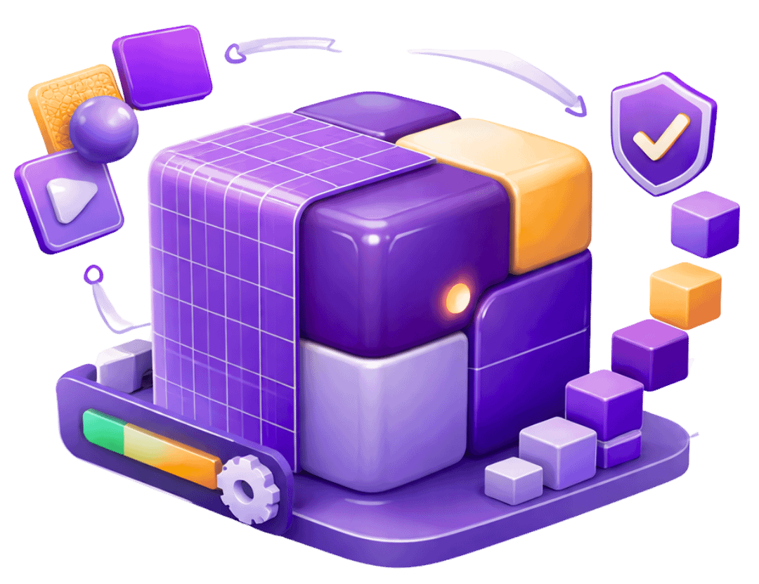 3D modeling workflow with geometric shapes and validation shield representing augmented reality asset creation and optimization
