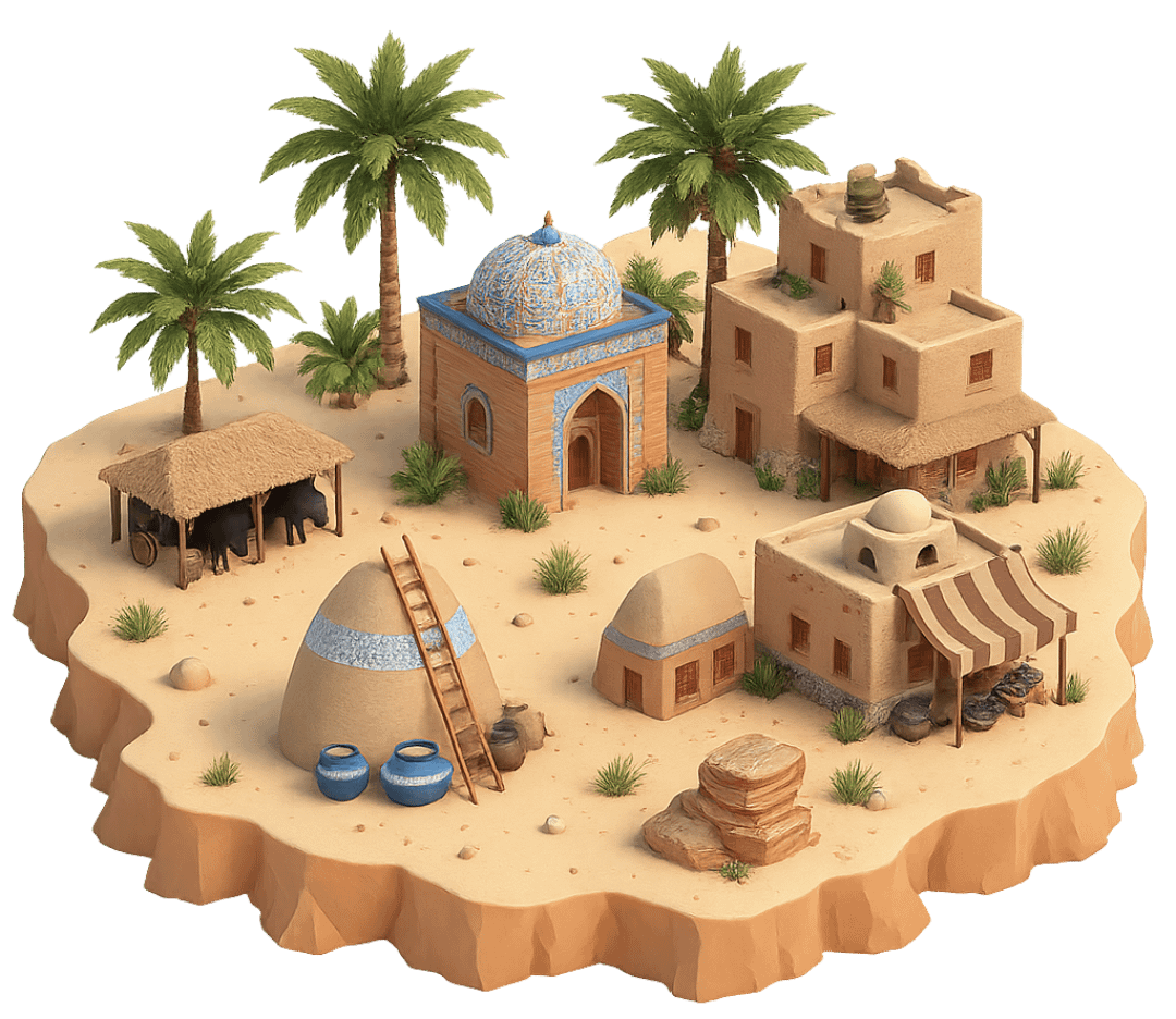 Game world showcasing a desert combat environment with historical warfare buildings and resources