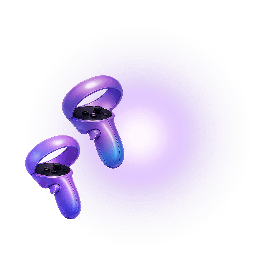 Pair of virtual reality hand controllers with joysticks and tracking buttons in purple and blue gradient finish