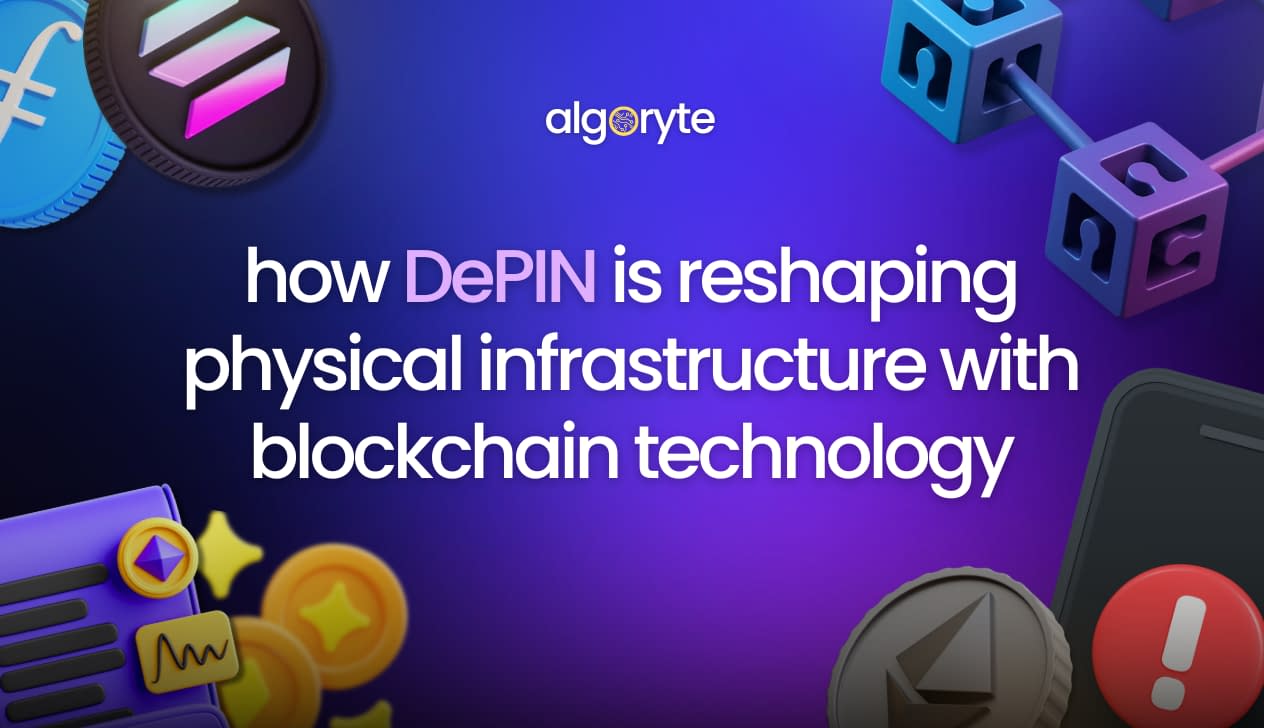 Cryptocurrency tokens and blockchain symbols showing how DePIN decentralized networks are transforming physical infrastructure