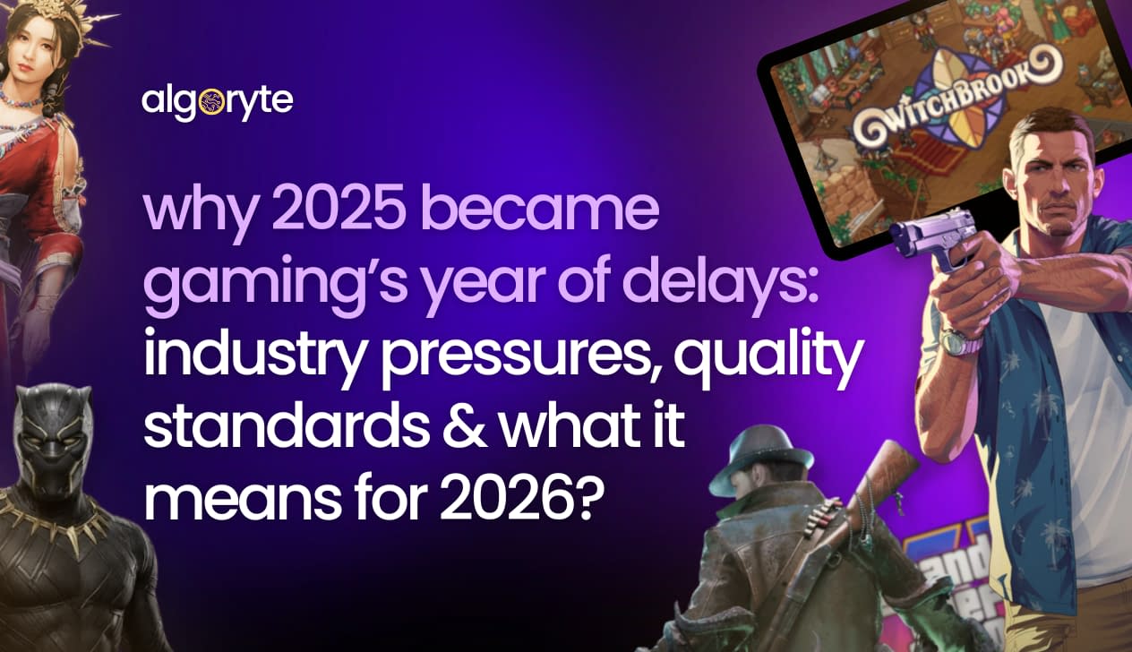Grand Theft Auto VI and gaming industry delays in 2025 with game characters and tablet showing Witchbrook game discussing quality standards and 2026 outlook