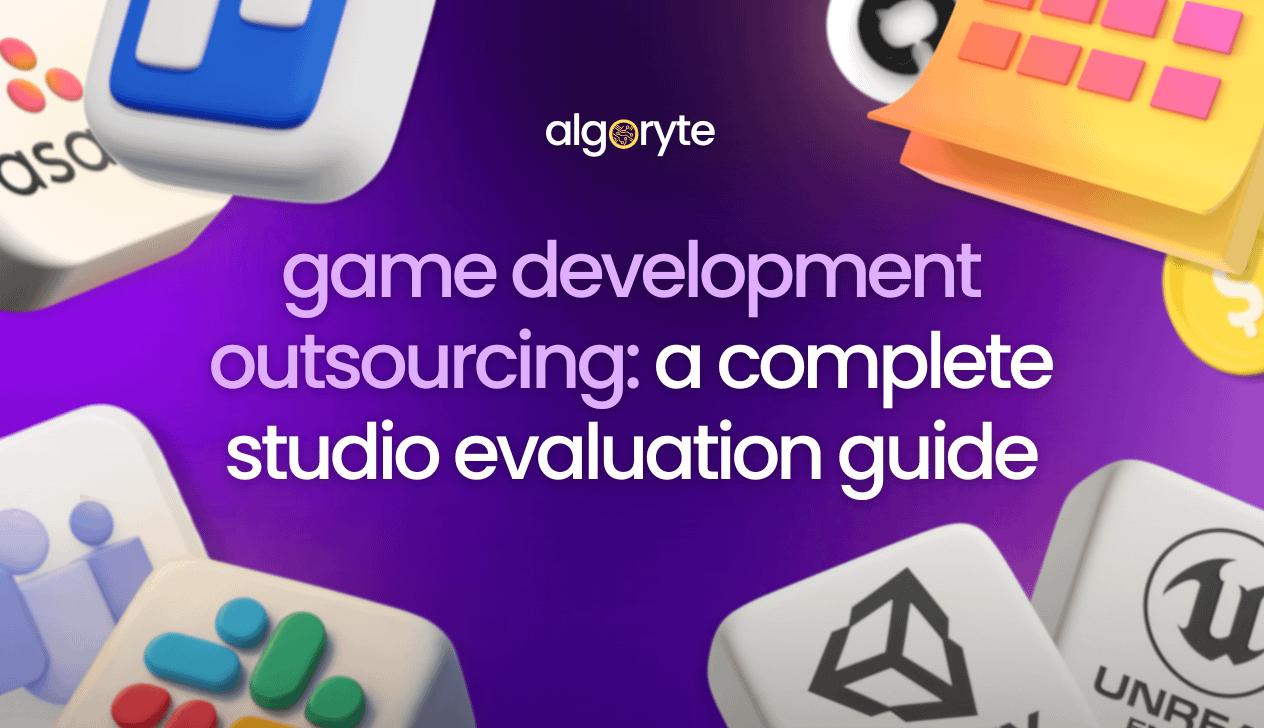 Blogs 26 Game development tools and icons including Unity Engine and Unreal Engine logos representing studio evaluation for outsourcing