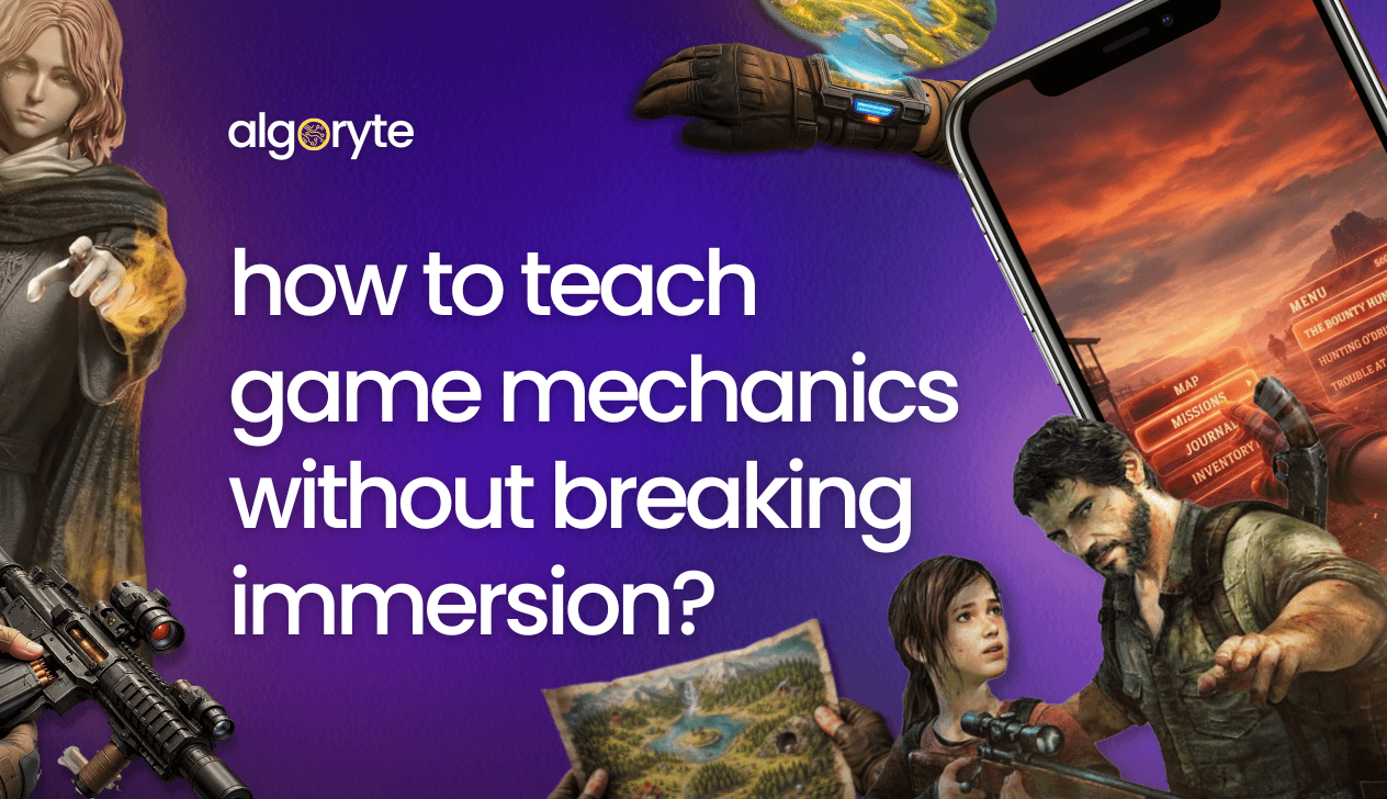 Blogs 10 Game mechanics tutorial featuring diverse game characters and UI elements demonstrating how to teach gameplay without breaking immersion