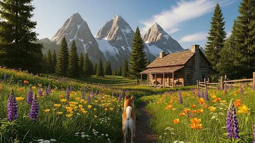 Mountain landscape with a cabin, an animal, and wildflowers generated by Gen AI model