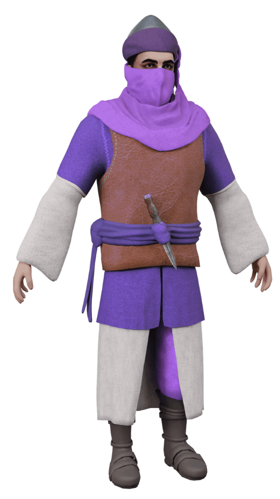 3D game art character modeling and texture design with medieval warrior in purple tunic, brown leather armor, and dagger for RPG games