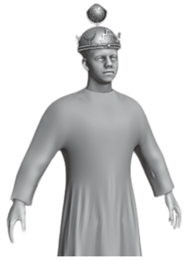 3D game art character modeling with gray untextured human figure wearing crown for game character design and mesh creation