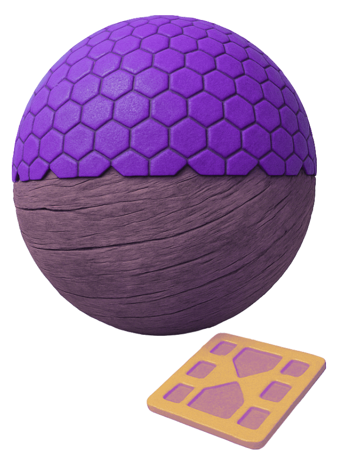 Game art services for 3D texturing and surface detailing with purple hexagonal and wood grain patterns on sphere and UV layout