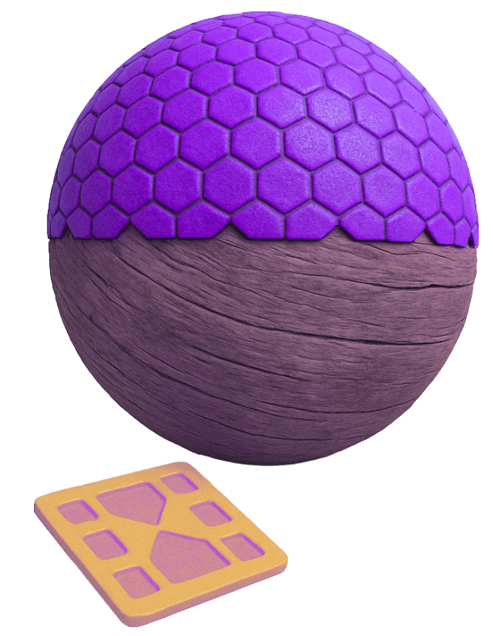 Game art services for 3D texturing and surface detailing with purple hexagonal and wood grain patterns on sphere and UV layout