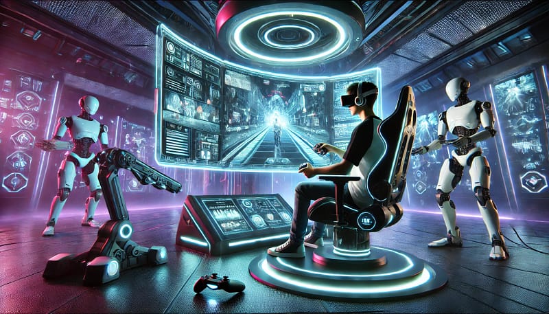 Algoryte DALL·E 2025 01 25 15.23.43 A futuristic gaming setup with a person actively playing a game. The scene shows a young gamer seated in a sleek high tech gaming chair surrounded by