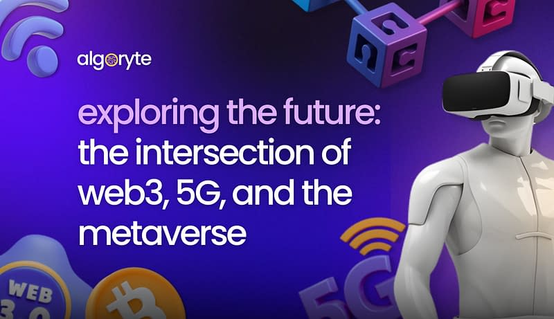 Robot wearing VR headset with Web3 blockchain and 5G symbols representing the future intersection of metaverse technologies