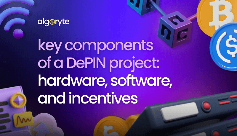 Key Components of a DePIN Project: Hardware, Software, and Incentives 1 Blockchain network symbols with cryptocurrency icons representing key DePIN project components including hardware and software