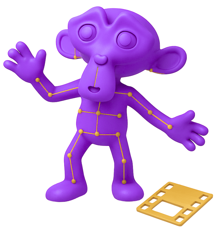 3D games character rigging and animation setup with purple character model showing skeleton bones and joint structure with film icon