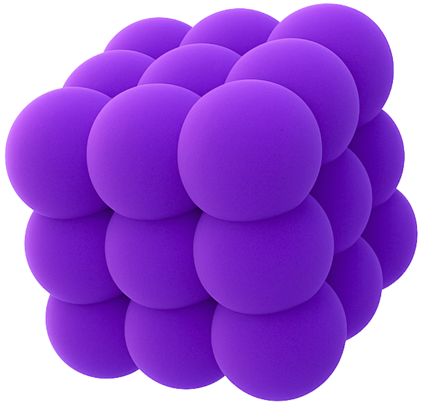 Game art services for 3D texturing and material application showing purple sphere cluster with smooth shading and gradient rendering effects