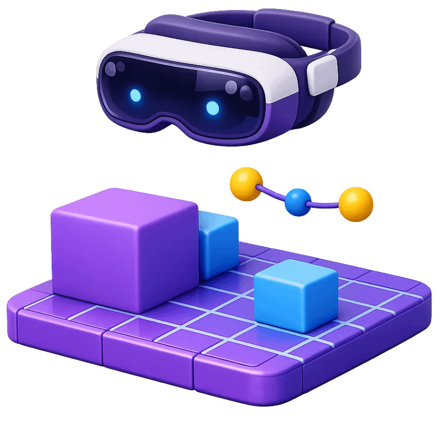 MR headset with spatial grid mapping and 3D environment objects