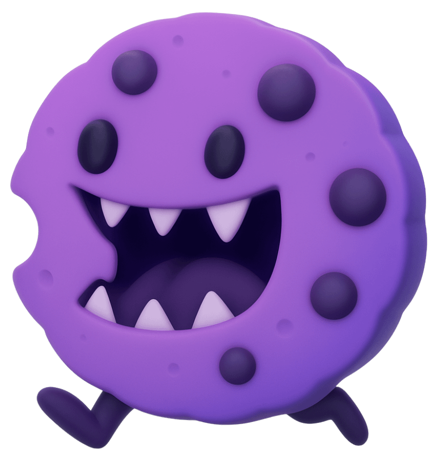 2D game art monster character design featuring purple creature with spots, sharp teeth, and friendly expression for casual game enemies