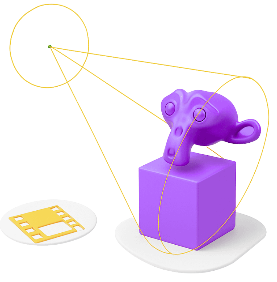 3D game lighting and rendering optimization with purple character on pedestal showing camera angles and film frame setup