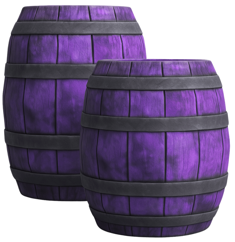 3D games prop modeling with realistic wooden barrels featuring purple wood planks, metal bands, and detailed texture for fantasy game environments