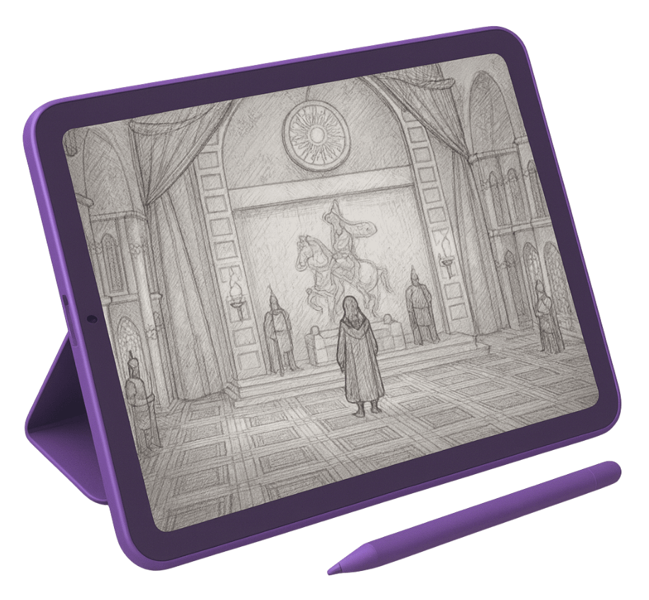 Tablet displaying game world concept art sketch of medieval interior with characters