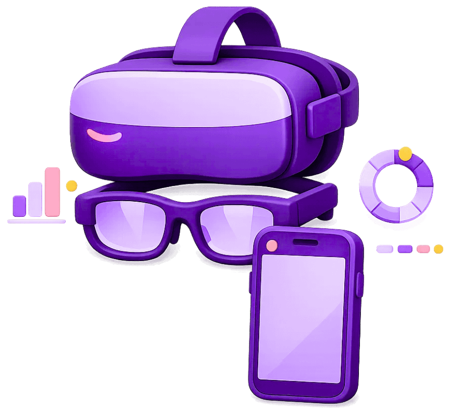 VR/AR/MR/XR Development Services 12 Virtual reality headset, augmented reality glasses, and mobile device with analytics dashboard for cross-platform immersive technology testing