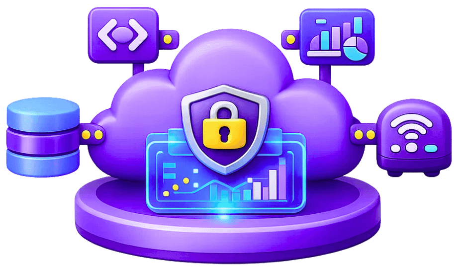 MR cloud platform with security lock, database, analytics, and connectivity icons