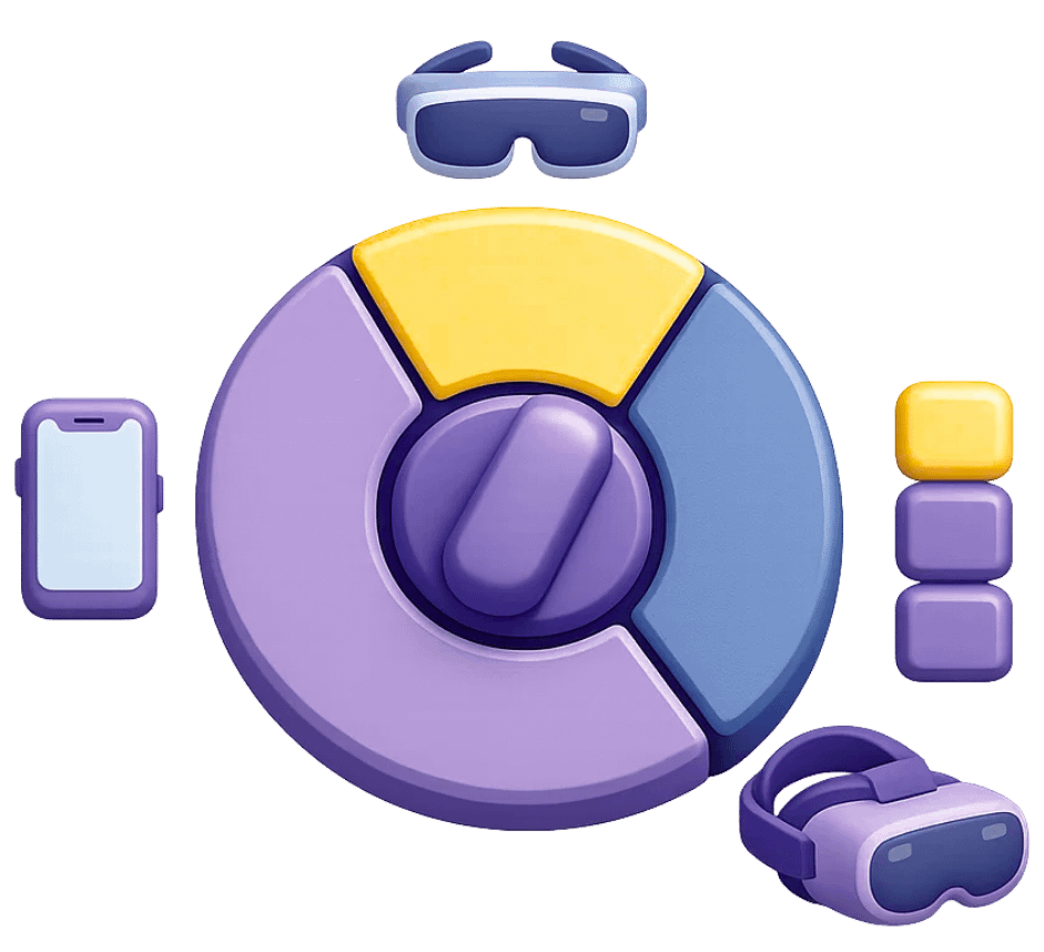 Extended Reality Services 6 Extended reality performance analytics with VR headsets, smartphone, and data visualization chart