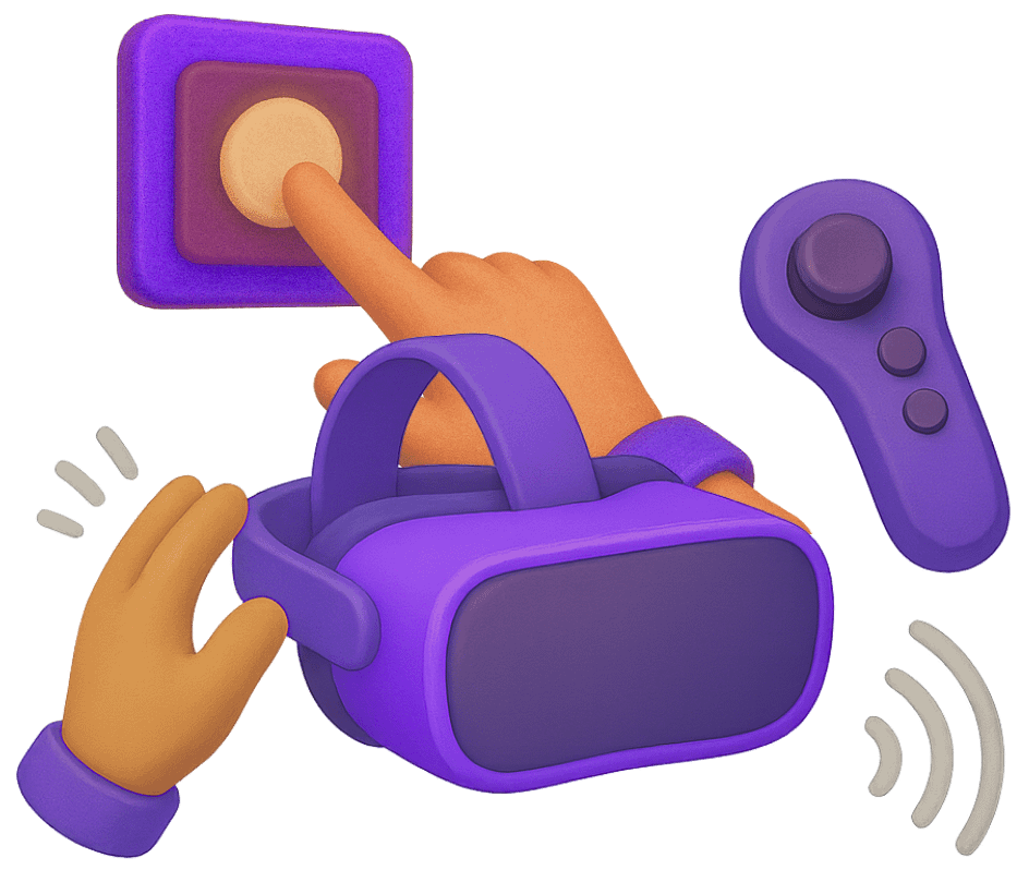 Virtual reality headset with hand controller and touch interactions