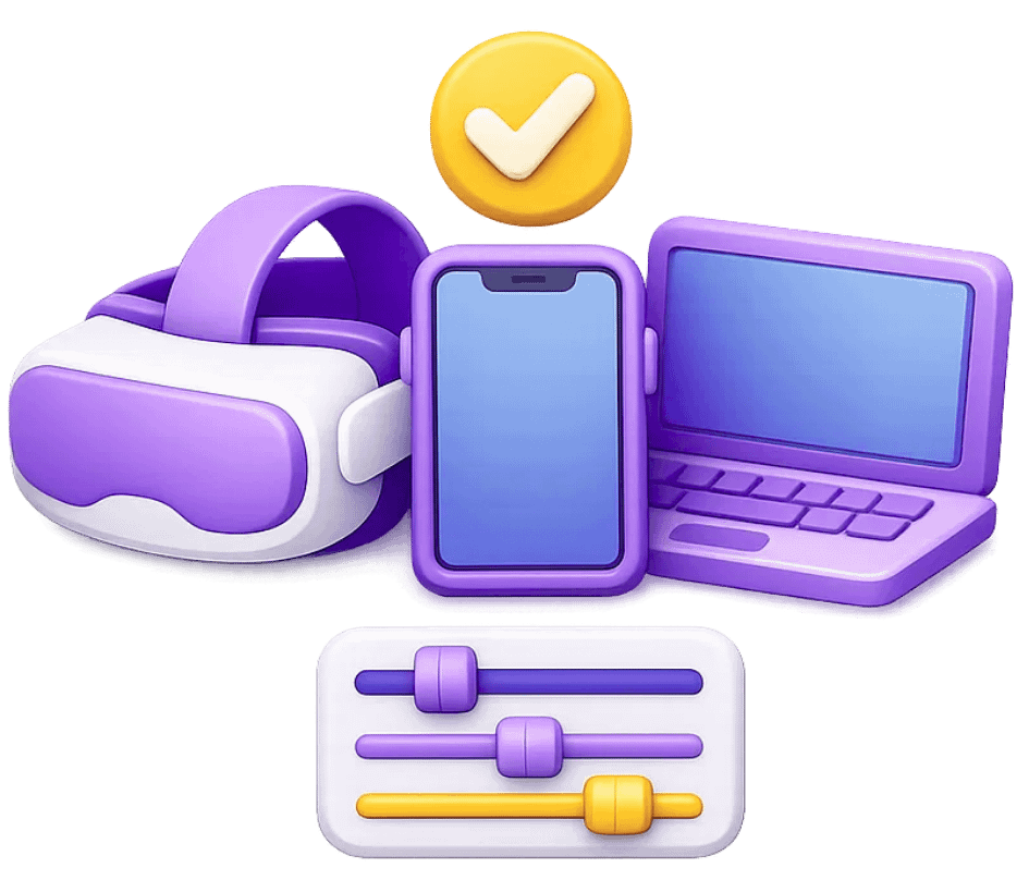 Extended Reality Services 18 XR devices with testing settings across VR headset, smartphone, and laptop