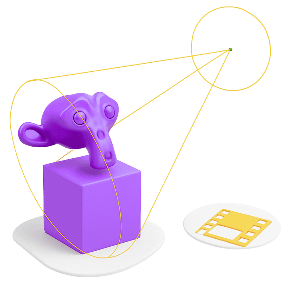 3D game world lighting and rendering optimization with purple character on pedestal showing camera angles and film frame setup