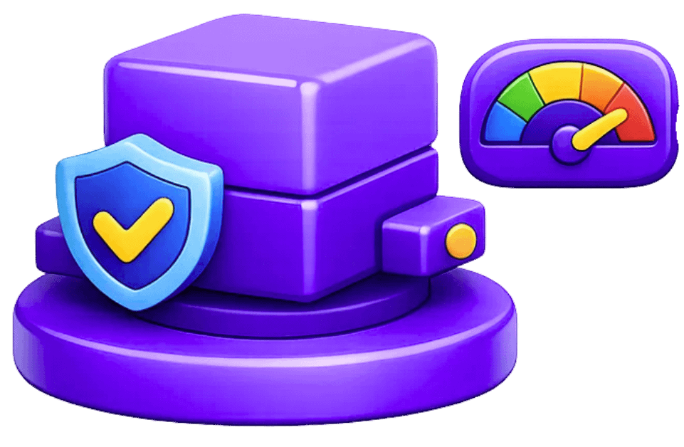 MR optimization with security shield, performance gauge, and 3D blocks