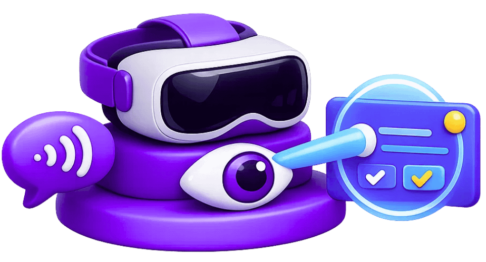 MR headset with eye tracking, voice communication, and interaction checklist